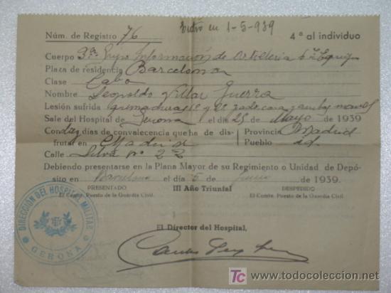 Militaria: Registro hospitalario de herido en Guerra Civil Espa&ntilde;ola 1 del 5 de 1939.