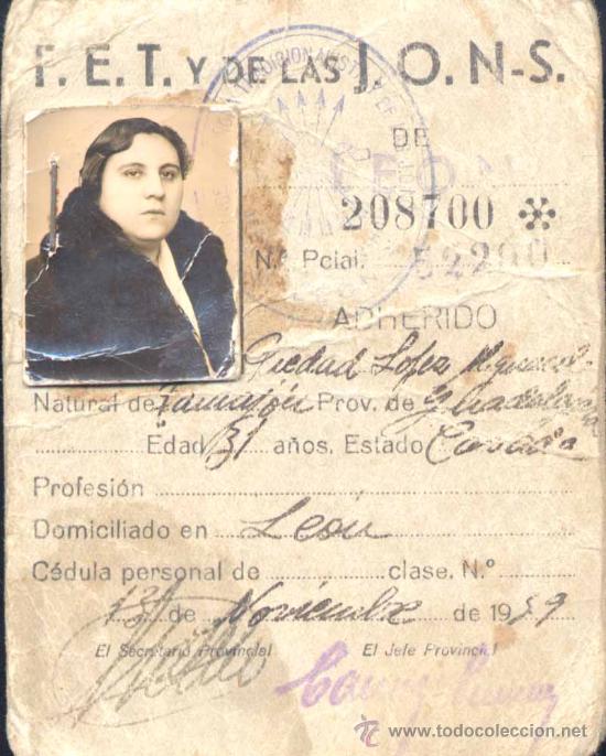 Militaria: CARNET PROVISIONAL  DE F.E.T. Y DE LAS J.O.N.S.