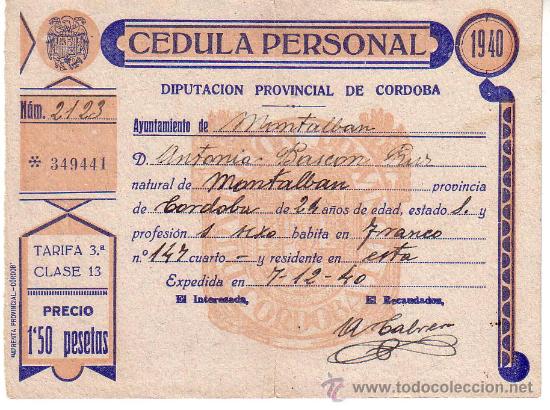 Militaria: CEDULA PERSONAL 1940 - DIPUTACION PROVINCIAL DE CORDOBA