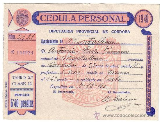 Militaria: CEDULA PERSONAL 1940 - DIPUTACION PROVINCIAL DE CORDOBA