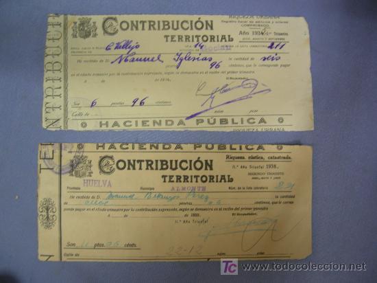 Military Antiques: 2 recibo de contribucion de almonte y rociana huelva 1938 y 1934, ver fotos