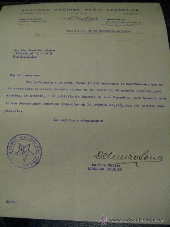 Military Antiques: CARTA COMERCIAL DE 1937. CON SELLO DE TAMPON DE LA UNION DE RADIOTELEGRAFISTAS U.G.T. GUERRA CIVIL
