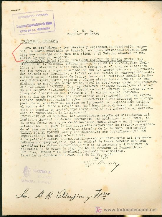 Militaria: SINDICADO OFICIAL DE CRIADORES EXPORTADORES DE VINOS. JEREZ. 1939. CIRCULAR.