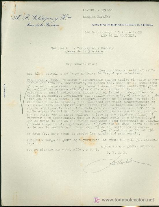 Militaria: VALDESPINO Y HNO. JEREZ. CARTA COMERCIAL. 1939. SALUDO A FRANCO. ARRIBA ESPA&Ntilde;A.