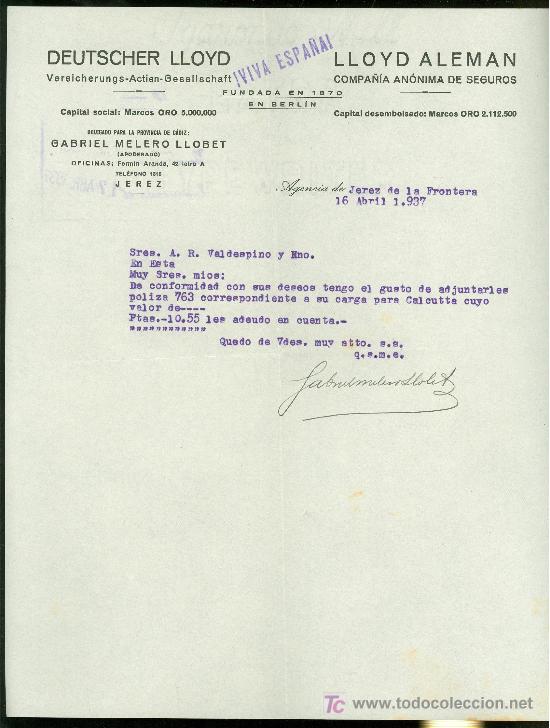 Militaria: SEGUROS LLOYD. JEREZ. 1937. CARTA COMERCIAL. VIVA ESPA&Ntilde;A.