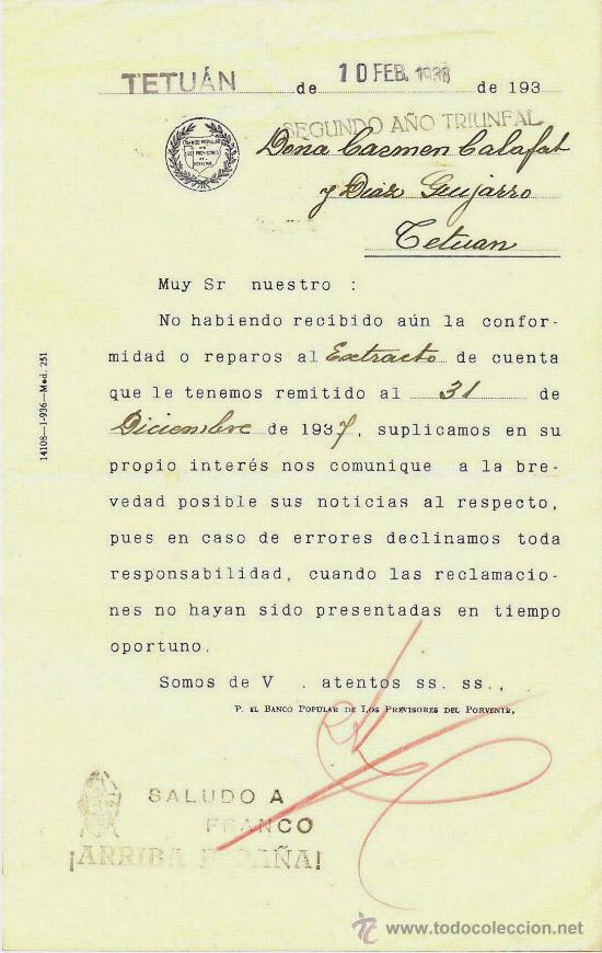 Militaria: GUERRA CIVIL - SALUDO A FRANCO -  BANCO POPULAR DE LOS PREVISORES DEL PORVENIR - 1938 - TETU&Aacute;N