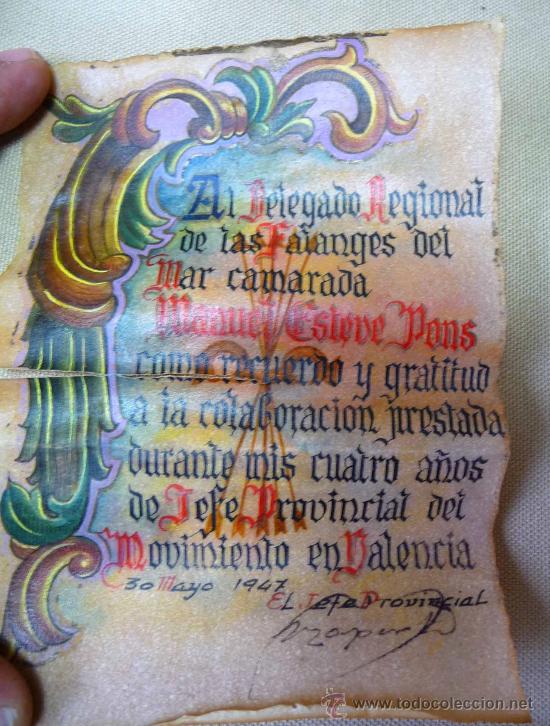 Militaria: PERGAMINO, RECUERDO, 4 A&Ntilde;OS, JEFE PROVINCIAL FALANGE, MOVIMIENTO EN VALENCIA, 1947