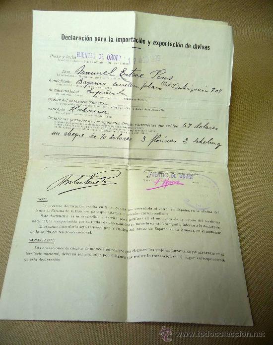 Militaria: DECLARACION DE DIVISAS, 1939, BANCO DE ESPA&Ntilde;A, BANCO EXTERIOR, DETALLE DE VENTA
