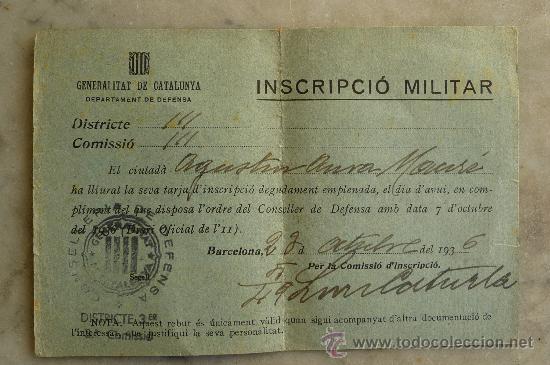 Militaria: (JX-110)INSCRIPCION MILITAR DE LA GENERALITAT DE CATALUNYA-GUERRA CIVIL