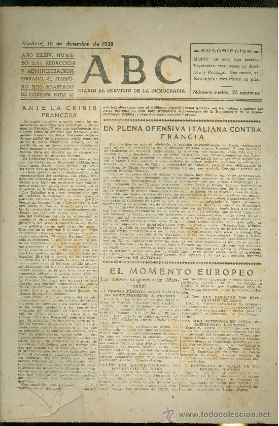 Militaria: ABC MADRID 10 DICIEMBRE 1938. BANDO REPUBLICANO. VER DESCRIPCION.