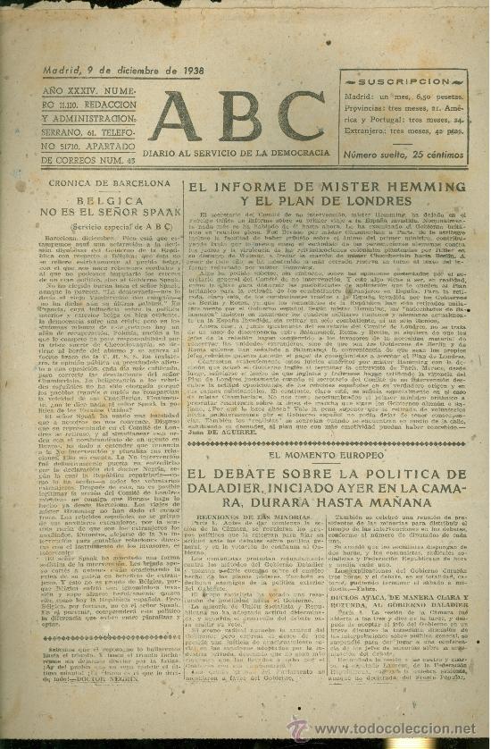 Militaria: ABC MADRID 9 DICIEMBRE 1938. BANDO REPUBLICANO. VER DESCRIPCION.
