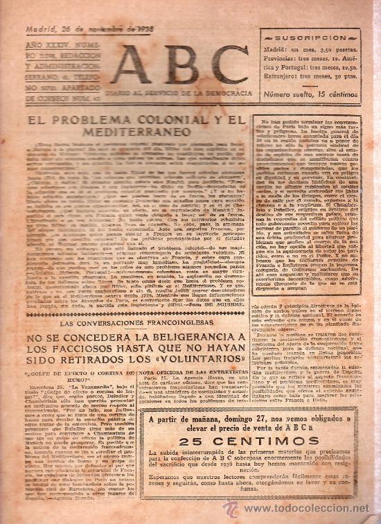 Militaria: ABC MADRID 26 NOVIEMBRE 1938. BANDO REPUBLICANO. VER DESCRIPCION.