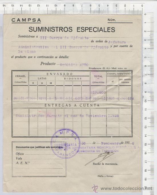 Militaria: VALE DE LA GUERRA CIVIL SUMINISTROS CAMPSA TARANCON CUENCA 1938 MILITAR FIRMA ORIGINAL SELLO VI&Ntilde;ETA