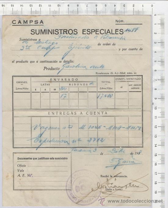 Militaria: VALE GUERRA CIVIL CAMPSA ESENCIAS Y GRASAS TARANCON CUENCA 1938 MILITAR FIRMA ORIGINAL