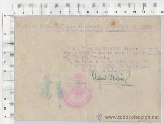 Militaria: VALE GUERRA CIVIL 6&ordf; BRIGADA DE ASALTO CUERPO DE SEGURIDAD JEFATURA 1938 MILITAR FIRMA ORIGINAL