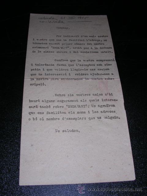 Military Antiques: CIRCULAR,EXILIO 1945, REFERENTE A LA REVISTA ENDAVANT (SOCIALISTA) CICLOSTILADA 21X10 CM.