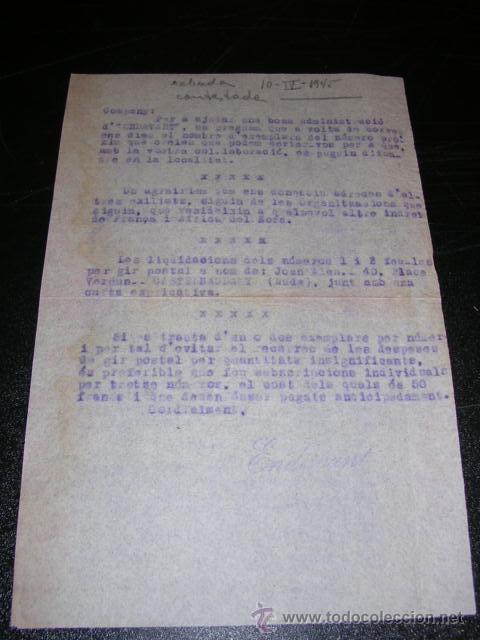 Military Antiques: CIRCULAR CILOSTILADO EXILIO,1945, RELACIONADA CON LA REVISTA SOCIALISTA ENDAVANT 21X13,5 CM.