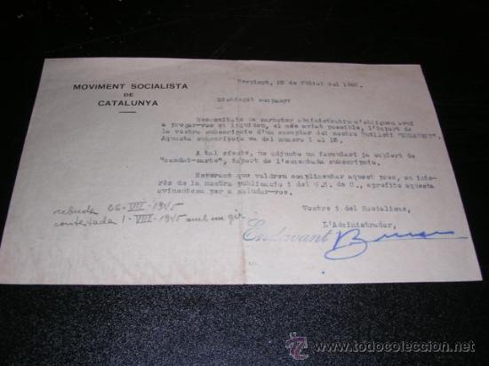 Military Antiques: CIRCULAR,EXILIO,PERPINYA 1945,MOVIMENT SOCIALISTA DE CATALUNYA, REFERENTE A LA REVISTA ENDAVANT,21X