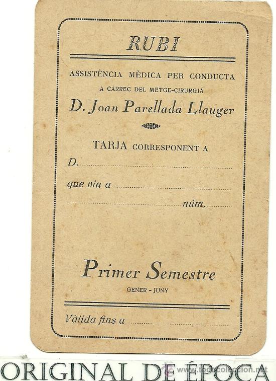 Militaria: (GC-125)TARJETA DE ASISTENCIA MEDICA PER CONDUCTA DE RUBI