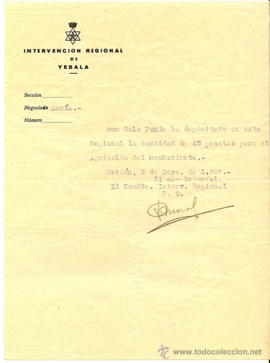 Militaria: GUERRA CIVIL - DOCUMENTO DEP&Oacute;SITO 25 PESETAS -  AGUINALDO DEL COMBATIENTE - YEBALA - TETU&Aacute;N 1937