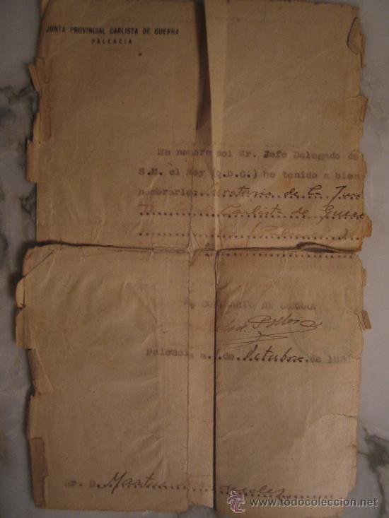 Militaria: Documento de la guerra civil espa&ntilde;ola de la junta provincial carlista de palencia datado en 1936