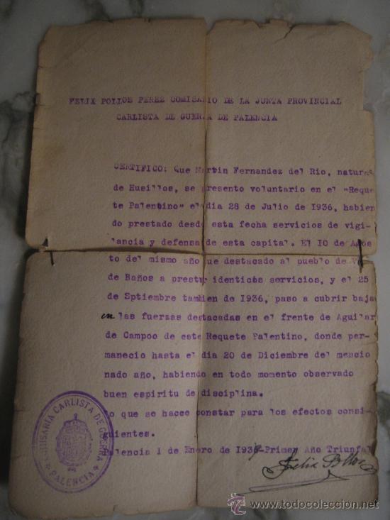 Militaria: Documento de la guerra civil espa&ntilde;ola de la junta provincial carlista de palencia datado en 1936
