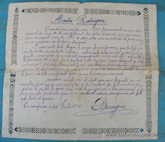 Militaria: ANTIGUA CARTA DE UN COMBATIENTE A SU MADRE DURANTE LA GUERRA CIVIL - A&Ntilde;O 1938 - CARTA CON TRABAJO EN