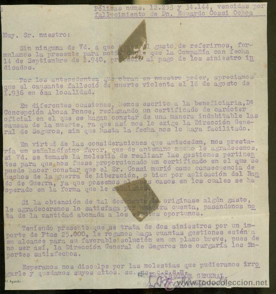 Militaria: SOLICITUD DE UN CERTIFICADO DE FALLECIMIENTO PARA UN SEGURO. LEER FOTO. 1940.
