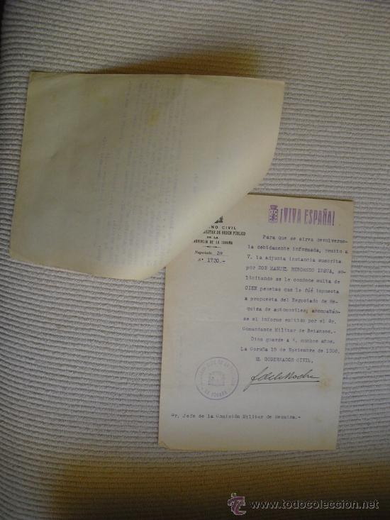 Military Antiques: NOVIEMBRE 1936 ESCRITO DE GOBERNADOR CIVIL DE LA CORU&Ntilde;A SOBRE MULTA Y CONTESTACION