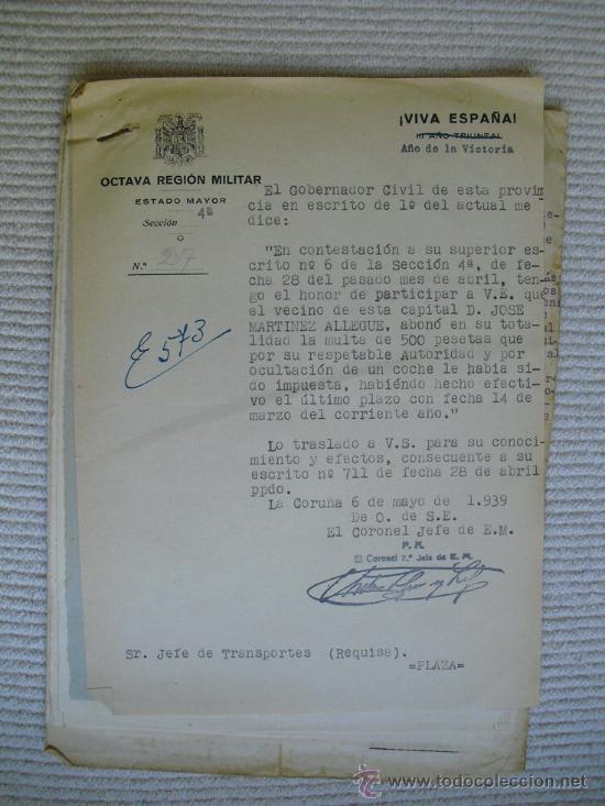 Militaria: 1938 EXPEDIENTE POR OCULTACI&Oacute;N VEHICULOS, INVESTIGACION PROPIETARIOS, MULTAS Y FORMAS DE PAGO