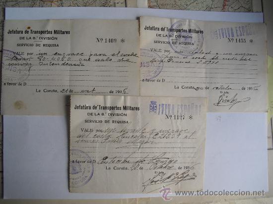 Militaria: 1936  TRES VALES DEL SERVICIO DE REQUISA DE LA 8&ordf; DIVISION DEL EJERCITO NACIONAL