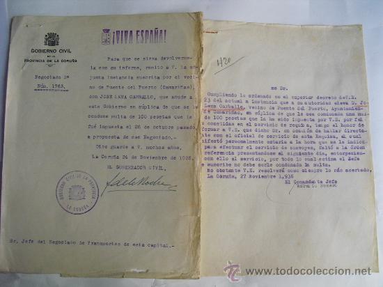 Militaria: 1936 ESCRITO DE GOBERNADOR CIVIL  SOBRE MULTA Y CONTESTACION