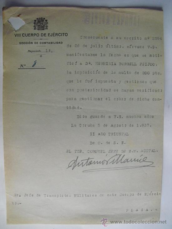 Militaria: 1937 SOBRE MULTA A LA ESPOSA DE GULBEKIAN