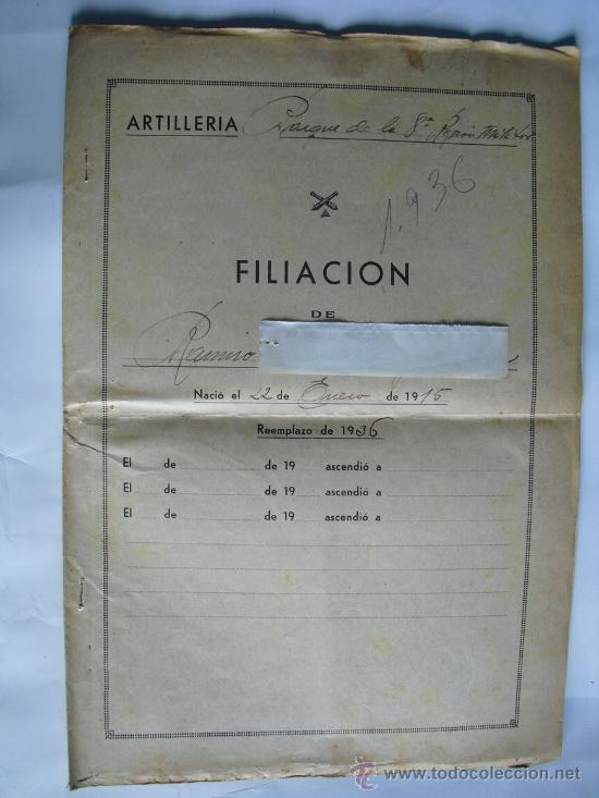 Militaria: FILIACION DE ARTILLERO DEL PARQUE DIVISIONARIO 8  REEMPLAZO DE 1936