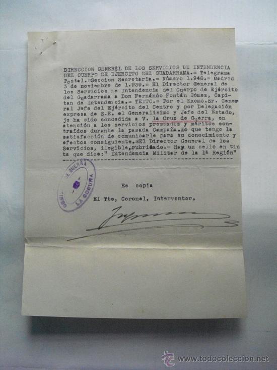 Militaria: 1939 COPIA DE LA COMUNICACION DE CONCESION DE LA CRUZ DE GUERRA