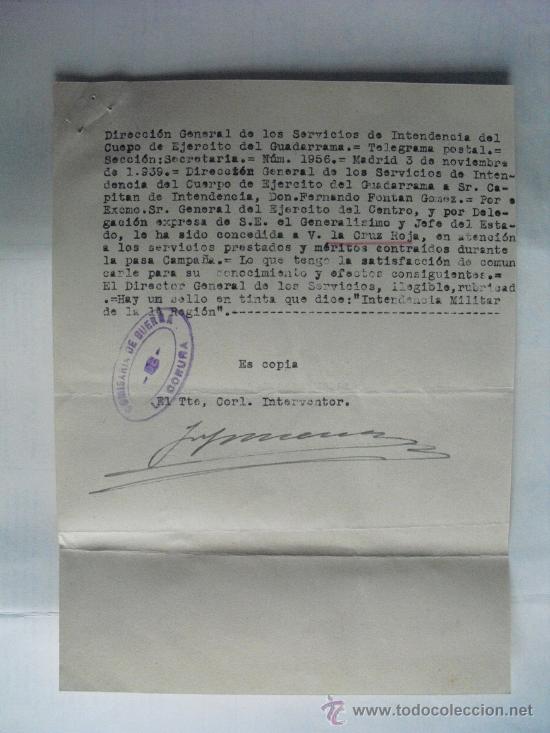 Military Antiques: 1939 COPIA DE LA COMUNICACION DE CONCESION DE CRUZ ROJA POR MERITOS EN CAMPA&Ntilde;A