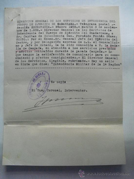 Militaria: 1939 COPIA DE LA COMUNICACION DE CONCESION DE LA MEDALLA DE CAMPA&Ntilde;A