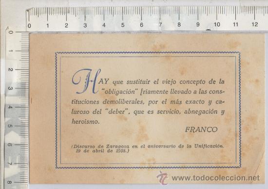 Militaria: TARJETA CON DISCURSO DE FRANCO ZARAGOZA ANIVERSARIO UNIFICACION 19 ABRIL 1938 GUERRA CIVIL MILITAR