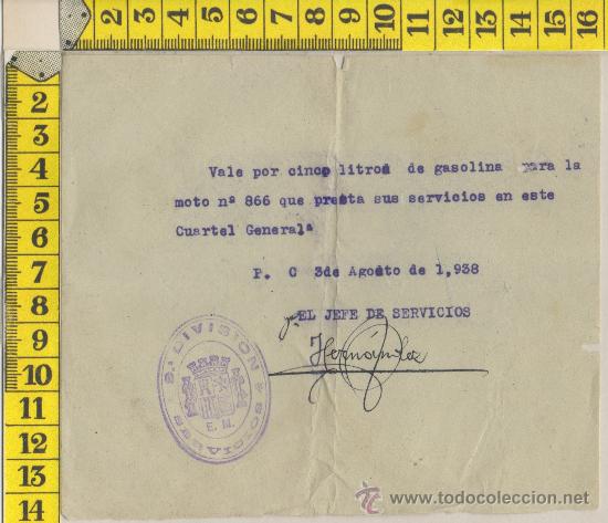 Militaria: VALE GUERRA CIVIL SELLO VI&Ntilde;ETA 9&ordf; DIVISION SERVICIOS CUARTEL GENERAL 1938 FIRMA ORIGINAL