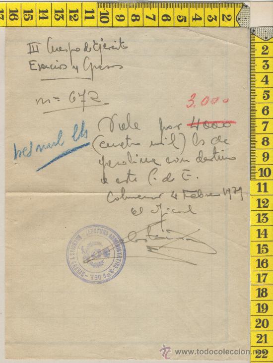 Militaria: VALE GUERRA CIVIL SELLO VI&Ntilde;ETA III C. DE EJERCITO COLMENAR MADRID 1939 FIRMA ORIGINAL MILITAR