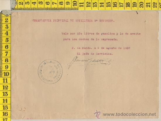 Militaria: VALE GUERRA CIVIL SELLO VI&Ntilde;ETA COMANDANCIA PPAL DE ARTILLERIA 1938 FIRMA ORIGINAL MILITAR