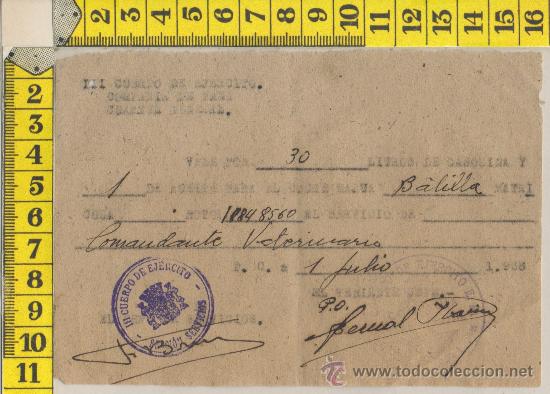 Militaria: VALE GUERRA CIVIL SELLO VI&Ntilde;ETA III C. DE EJERCITO SECCION SERVICIOS 1938 FIRMA ORIGINAL MILITAR