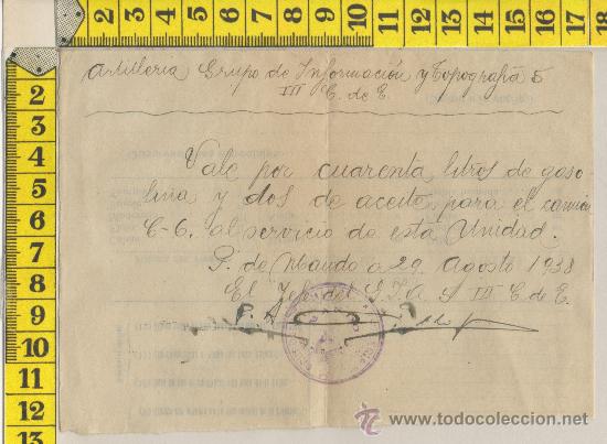 Militaria: VALE GUERRA CIVIL SELLO VI&Ntilde;ETA GRUPO DE INFORMACION Y TOPOGRAFIA 5 1938 FIRMA ORIGINAL MILITAR