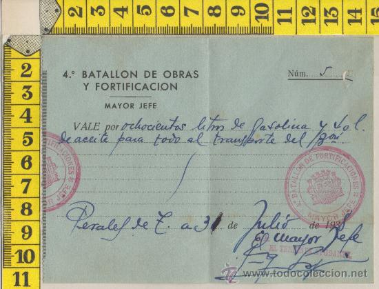 Militaria: VALE GUERRA CIVIL SELLO VI&Ntilde;ETA OBRAS Y FORTIFICACION PERALES MADRID 1938 FIRMA ORIGINAL MILITAR