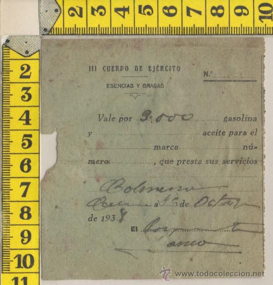 Militaria: VALE GUERRA CIVIL SELLO VI&Ntilde;ETA ESENCIAS Y GRASAS III C. DE EJERCITO 1938 FIRMA ORIGINAL MILITAR