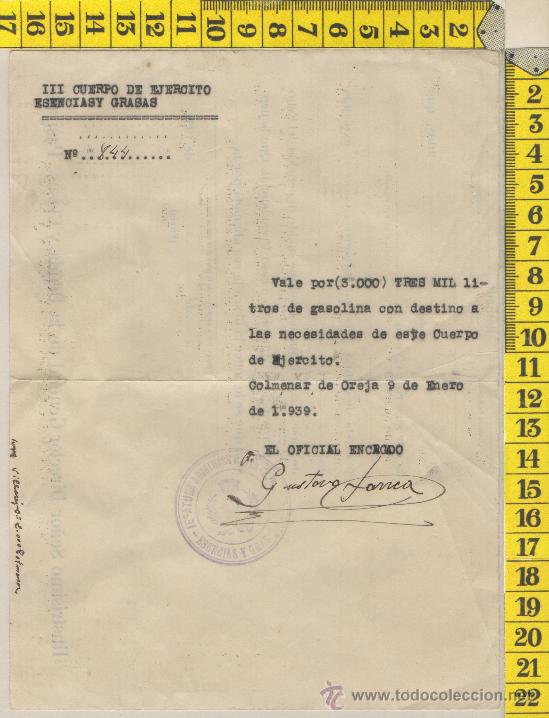 Militaria: VALE GUERRA CIVIL SELLO VI&Ntilde;ETA ESENCIAS GRASAS COLMENAR DE OREJA MADRID 1939 FIRMA ORIGINAL MILITAR