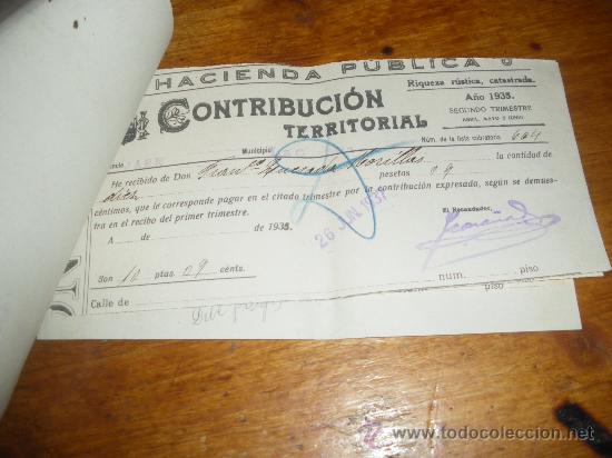 Militaria: CONTRIBUCION TERRITORIAL 1935, A&Ntilde;O COMPLETO, HABILITADA PARA 1937. GUERRA CIVIL. 4 TRIMESTRES.