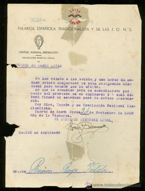 Militaria: FALANGE ESPA&Ntilde;OLA TRAD. Y DE LA JONS. COMUNICADO CITACI&Oacute;N EN DELEGACI&Oacute;N SINDICAL,PUERTO STA. M&ordf;, 1939