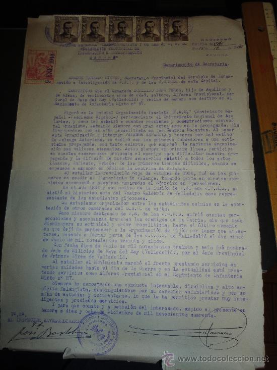 Militaria: DOCUMENTO DE FET Y DE LAS JONS DE ZAMORA, CERTIFICANDO HISTORIAL DE UN CAMARADA, ENERO DE 1940