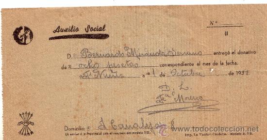 Militaria: RECIBO AUXILIO SOCIAL A&Ntilde;O 1938 - GUERRA CIVIL